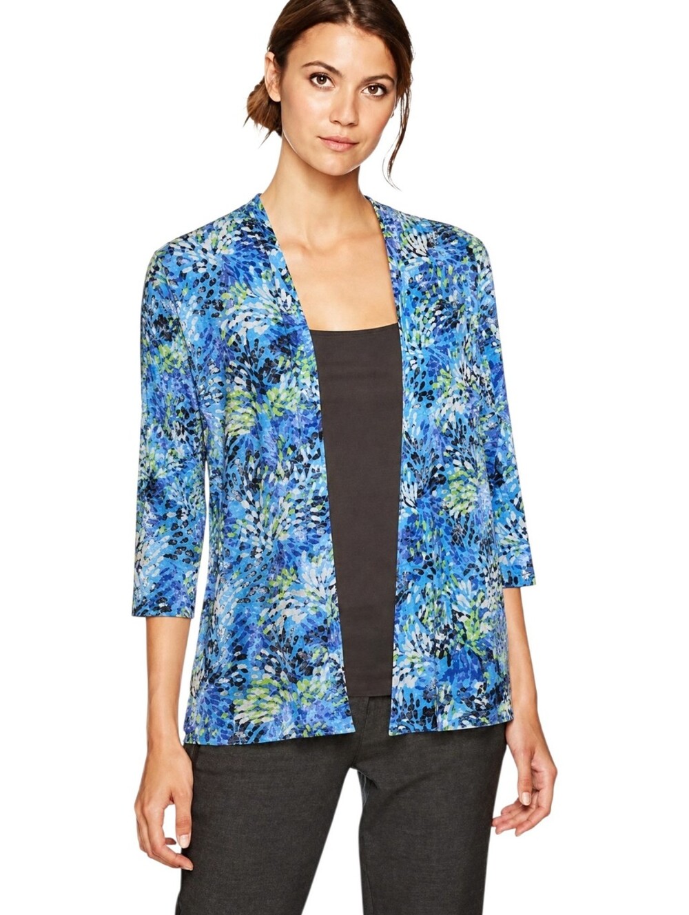 Sag Harbor Blue Abstract Print Open Front Cardigan 3/4 Sleeve Women's Large